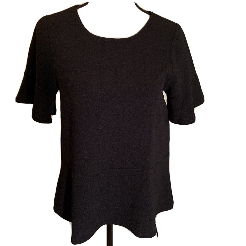Madewell by J. Crew, Black Blouse, Short Bell Sleeves, Ruffle Hem, XS NWT - Picture 1 of 12